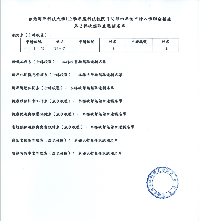 第3梯次備取生遞補名單