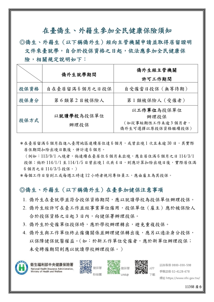 在臺僑外生參加全民健康保險須知圖片
